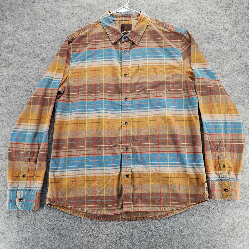 Prana Shirt Mens Large Button Up Brown Plaid